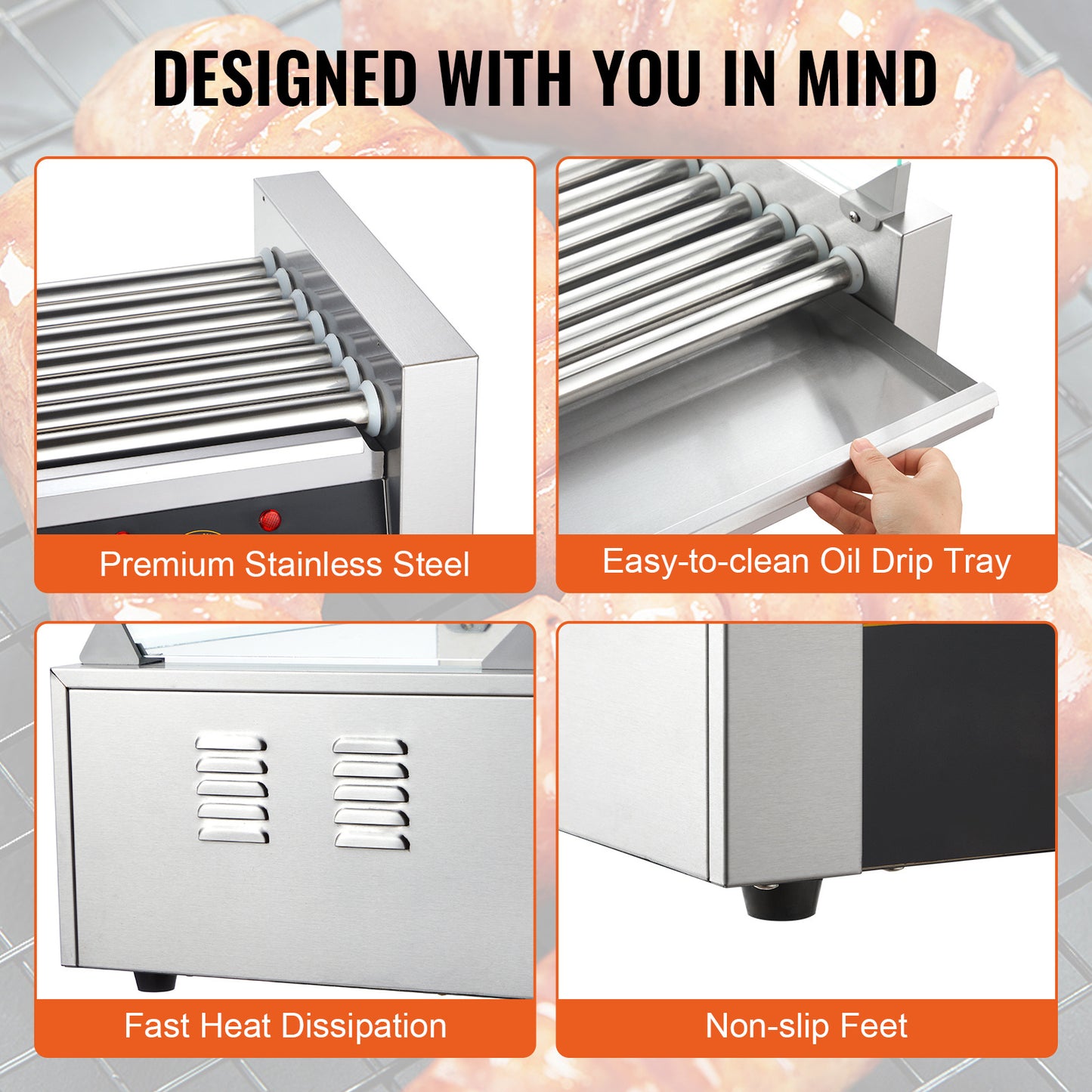 Hotdoggrill – Worstengrill – Hotdogmaker – Hotdogroller – Elektrische Rollergrill – 7 Rollers Voor 18 Hotdogs – Roestvrij Staal & 1400W Vermogen