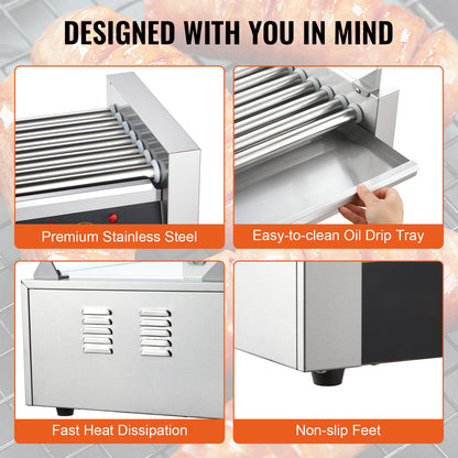 Hotdoggrill – Worstengrill – Hotdogmaker – Hotdogroller – Elektrische Rollergrill – 7 Rollers Voor 18 Hotdogs – Roestvrij Staal & 1400W Vermogen