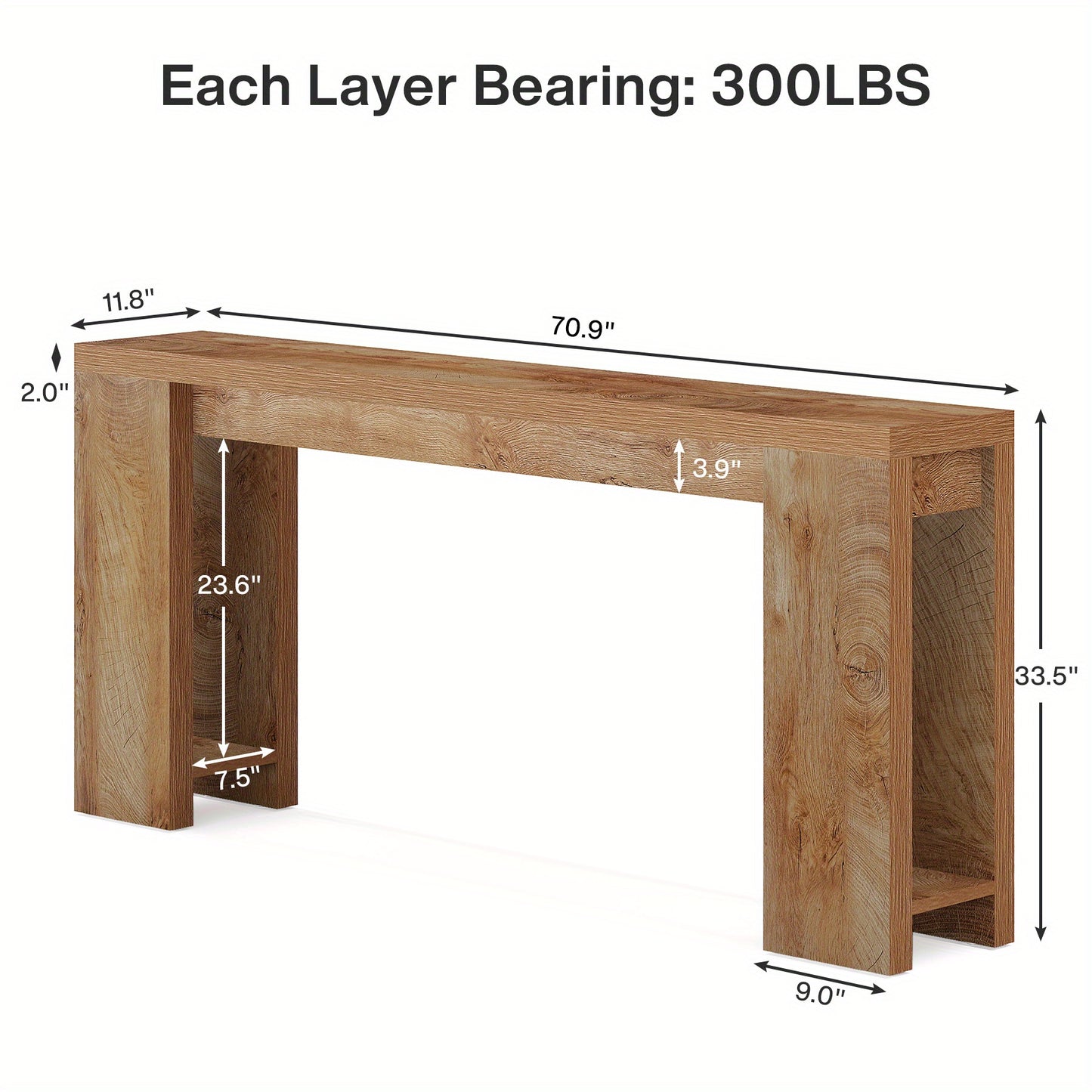 Sidetable – Consoletafel – Wandtafel – Haltafel – Bijzettafel – Houten Farmhouse Stijl – Compact 160x29,5x85 cm – Licht Eiken Bruin