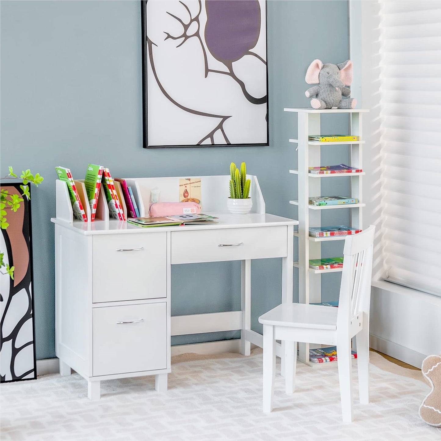 Kinderschrijfstoel – Kinderbureau – Studietafel – Tekenbureau – Kinderwerkplek – Met Opbergruimte & Lade – Ergonomische Rugleuning – MDF Wit