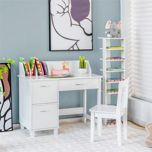 Kinderschrijfstoel – Kinderbureau – Studietafel – Tekenbureau – Kinderwerkplek – Met Opbergruimte & Lade – Ergonomische Rugleuning – MDF Wit