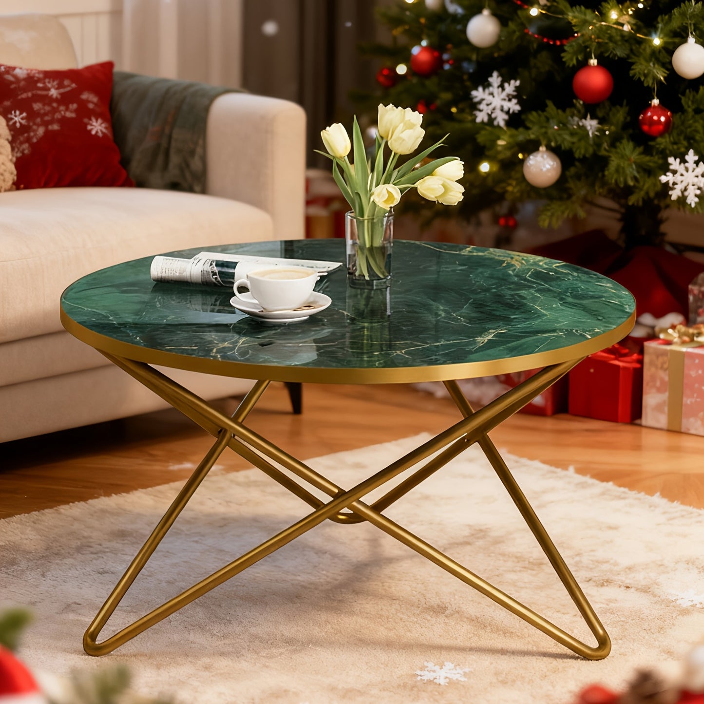 Bijzettafel – Side Table – Salontafel – Nachtkastje – Plantentafel – Ronde MDF Tafel – Marmerlook Met Gouden Accenten – 89,99 cm Diameter, 34,04 cm Hoogte