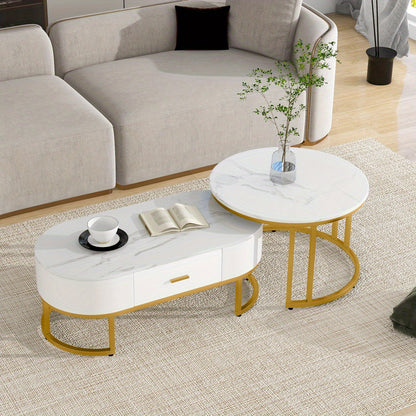 Salontafel – Bijzettafel – Koffietafel – Tafeltje – Nesting tafel – Set van 2 – Metalen Gouden Frame – Wit Tafelblad – Modern Design