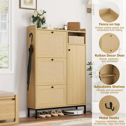Shoe Cabinet Rattan with 3 Flip Drawers And 4-Tier Shoe Storage Cabinet, Freestanding Shoe Organizer with Adjustable Shelves for Entryway, Closet, Hallway
