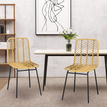 2-Piece Boho-Style Dining Chairs, Accent Chair, PE Rattan, 44 cm x 58 cm x 85 cm, Natural + Yellow