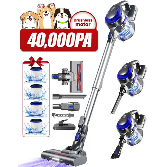 Aiidoits Cordless Stick Vacuum Cleaner with 40,000 Pa Suction Power – 8-In-1 Multi-Function – 5-In-1 HEPA Filter System – 400W Brushless Motor – 50 Minutes Runtime – Detachable Battery
