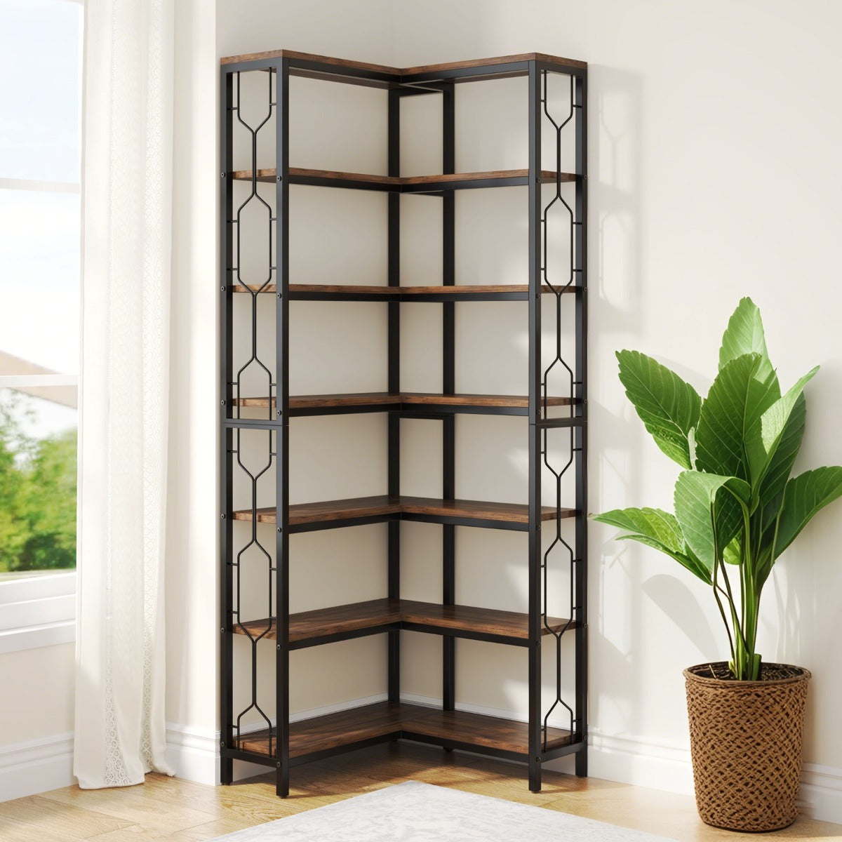Hoekplank – Hoekrek – Boekenkast – Wandplank – Opbergkast – 7 Schappen – Hardhouten Frame Met Metalen Accenten – Eenvoudige Montage