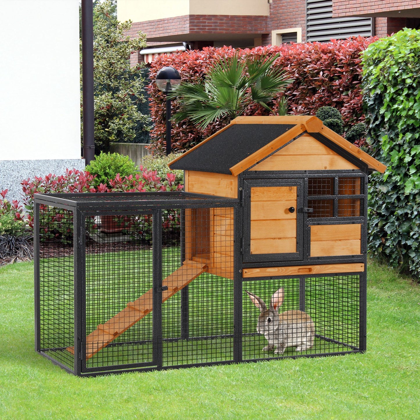 Konijnenhok – Dierenverblijf – Buitenren – Kippenhok – Ren Voor Konijnen – Epoxy Metalen Frame – Voorbehandeld Vurenhout – Met Ren En Loopplank – 122x63x92 cm – Oranje