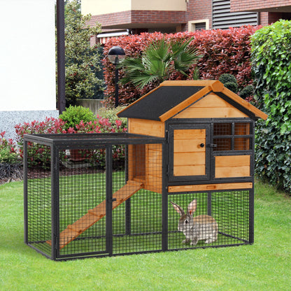 Konijnenhok – Dierenverblijf – Buitenren – Kippenhok – Ren Voor Konijnen – Epoxy Metalen Frame – Voorbehandeld Vurenhout – Met Ren En Loopplank – 122x63x92 cm – Oranje