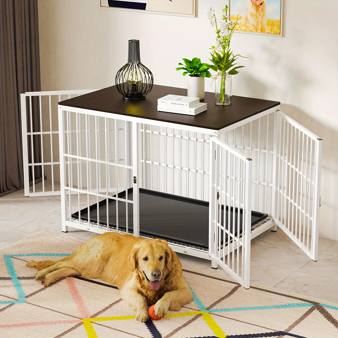 Stylish Wooden Dog Crate with 3 Doors & Removable Tray – Modern Pet Kennel End Table for Small to Large Dogs, Black or White, M/L/XL Sizes Available, Dog Crate Furniture