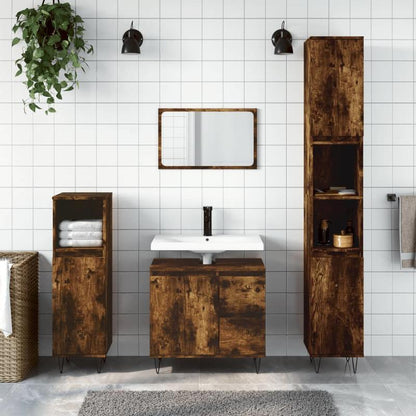 Badkamermeubelset – Badmeubels – Wastafelonderkast – Spiegelkast – Badkamerkasten – 3-delig – Hoogwaardig Smoky Eikenhout