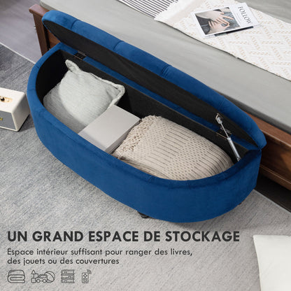 Opbergpoef – Opbergkoffer – Zithocker – Opbergbank – Blauw Fluweel – Klassiek Design – Stevig Houten Frame – Comfortabele Foam Zitting