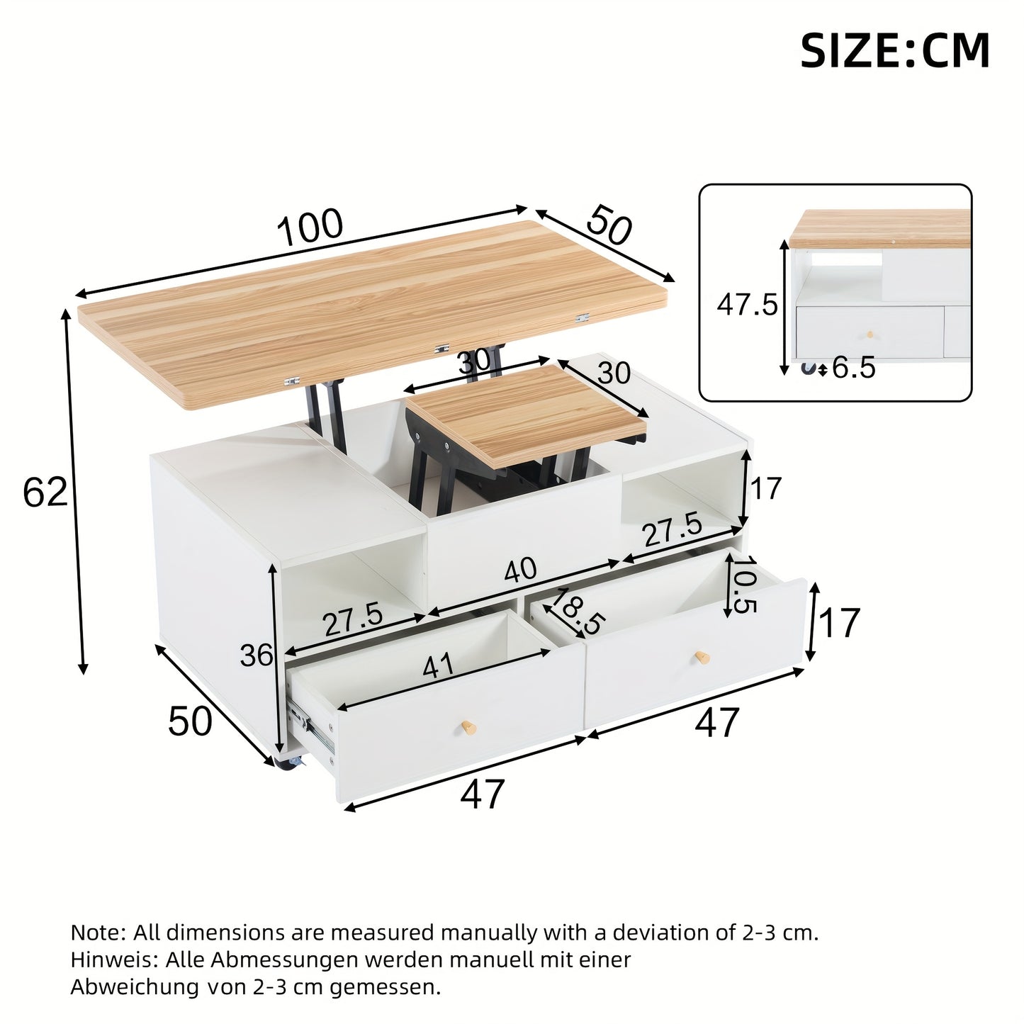 Adjustable Height Coffee Table with Folding Function & 4 Drawers - 100x50x47, 5cm, Large & Small Hydraulic Lifted Tables, Mobile Living Room Sofa Table with Casters, Contemporary Metal Design, Easy Assembly, No Power Needed,