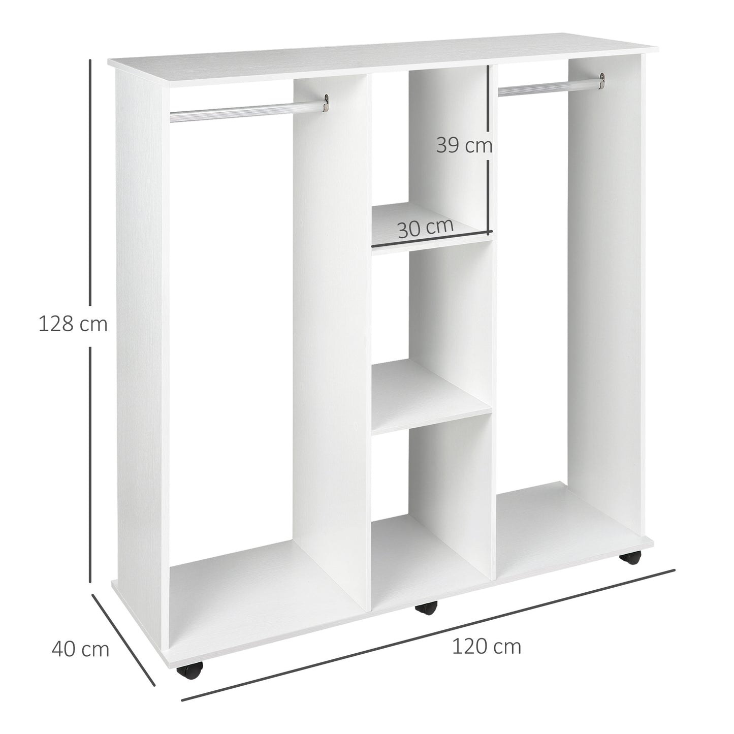 Kledingkast – Garderobekast – Opbergkast – Kledingmeubel – Witte Kledingkast – Mobiel Met 6 Wieltjes – Stevig Spaanplaat 120x40x128 cm