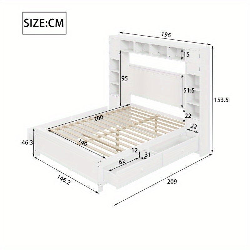 Bedframe – Tweepersoonsbed – Opbergbed – Ladebed – Slaapbank – Moderne Witte Kleur – 4 Lades & Kast – Lattenbodem 3,56x5,08 m – Ruimtebesparend Ontwerp