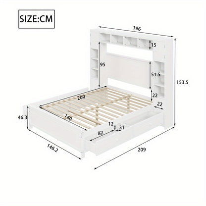 Bedframe – Tweepersoonsbed – Opbergbed – Ladebed – Slaapbank – Moderne Witte Kleur – 4 Lades & Kast – Lattenbodem 3,56x5,08 m – Ruimtebesparend Ontwerp