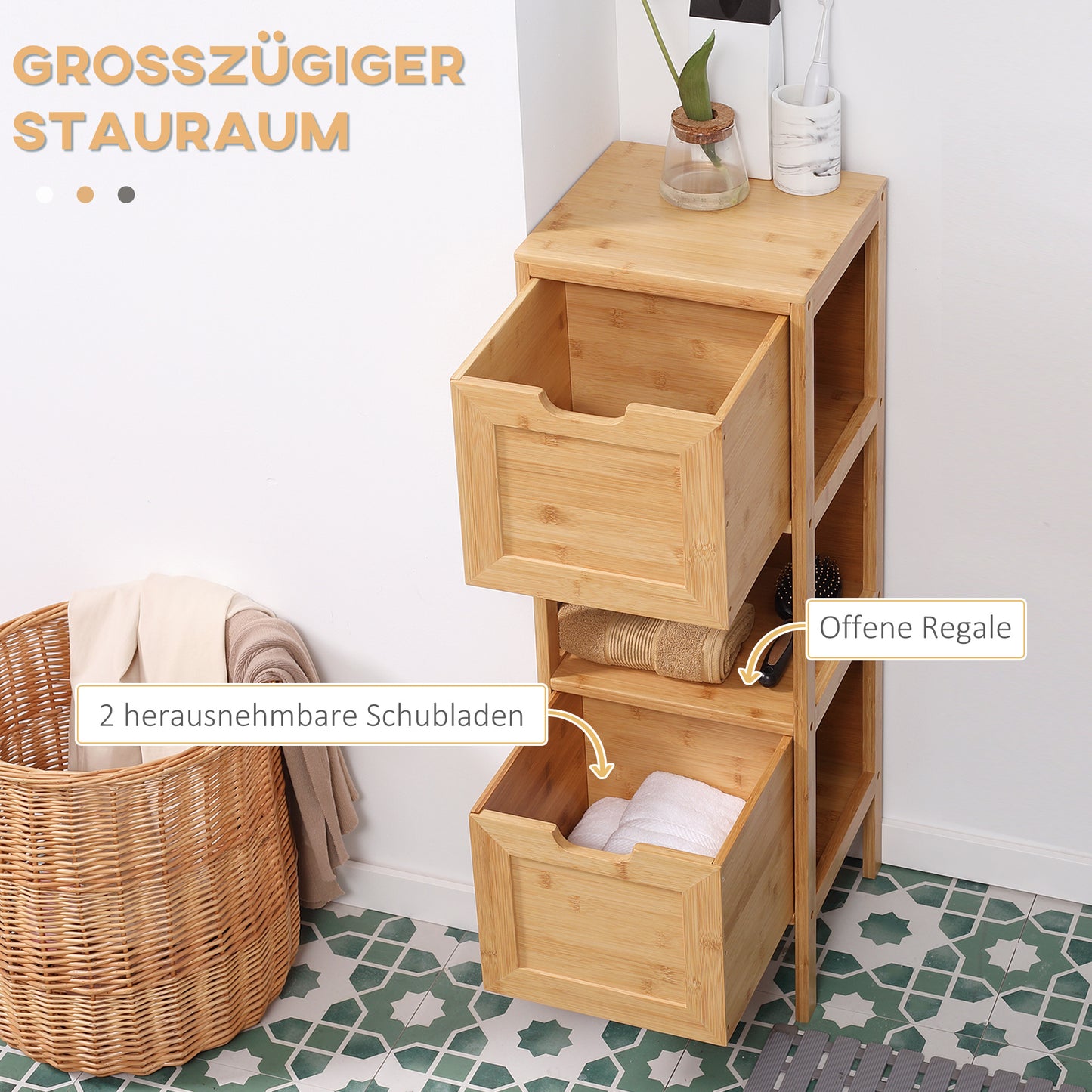 Bamboo Bathroom Cabinet, 1 Shelf, 2 Drawers, 30 Cm X 30 Cm X 90 Cm; Natural