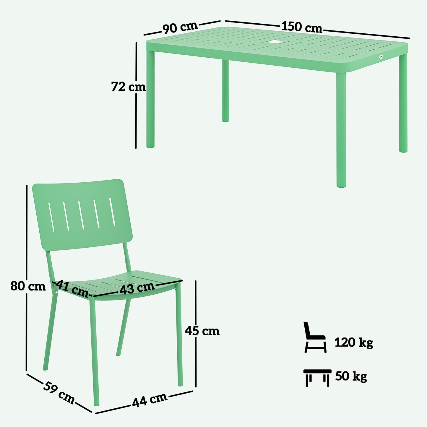 Tuinset – Tuinmeubel – Buitenmeubilair – Bistroset – Eettafelset – Groen – 7-delig – 150 cm Lattenblad – Roestvrij Gepoedercoat Staal