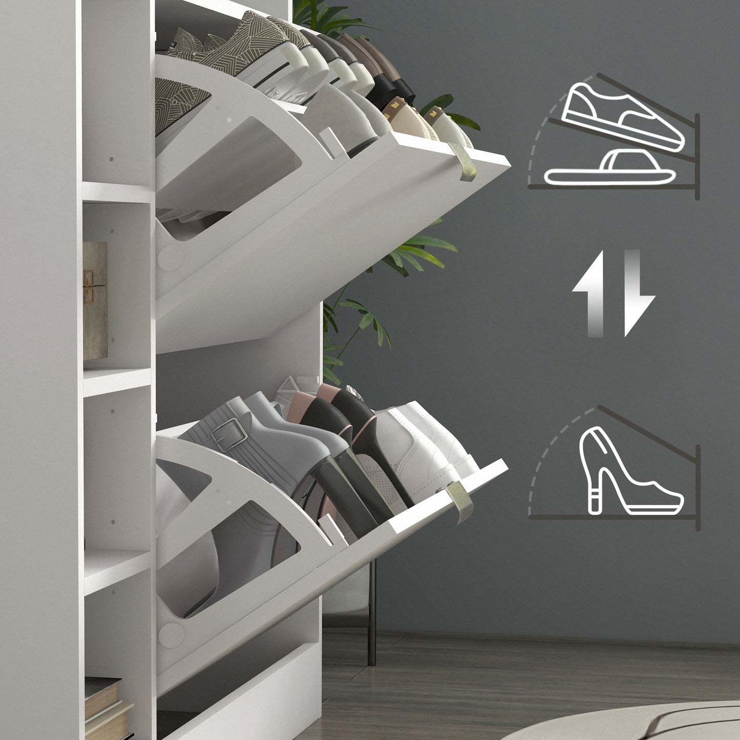 Schoenenkast – Schoenopberger – Schoenrek – Schoenenschuifkast – Schoenentoren – Wit – 2 Kantelbare Laden – Verstelbare Planken