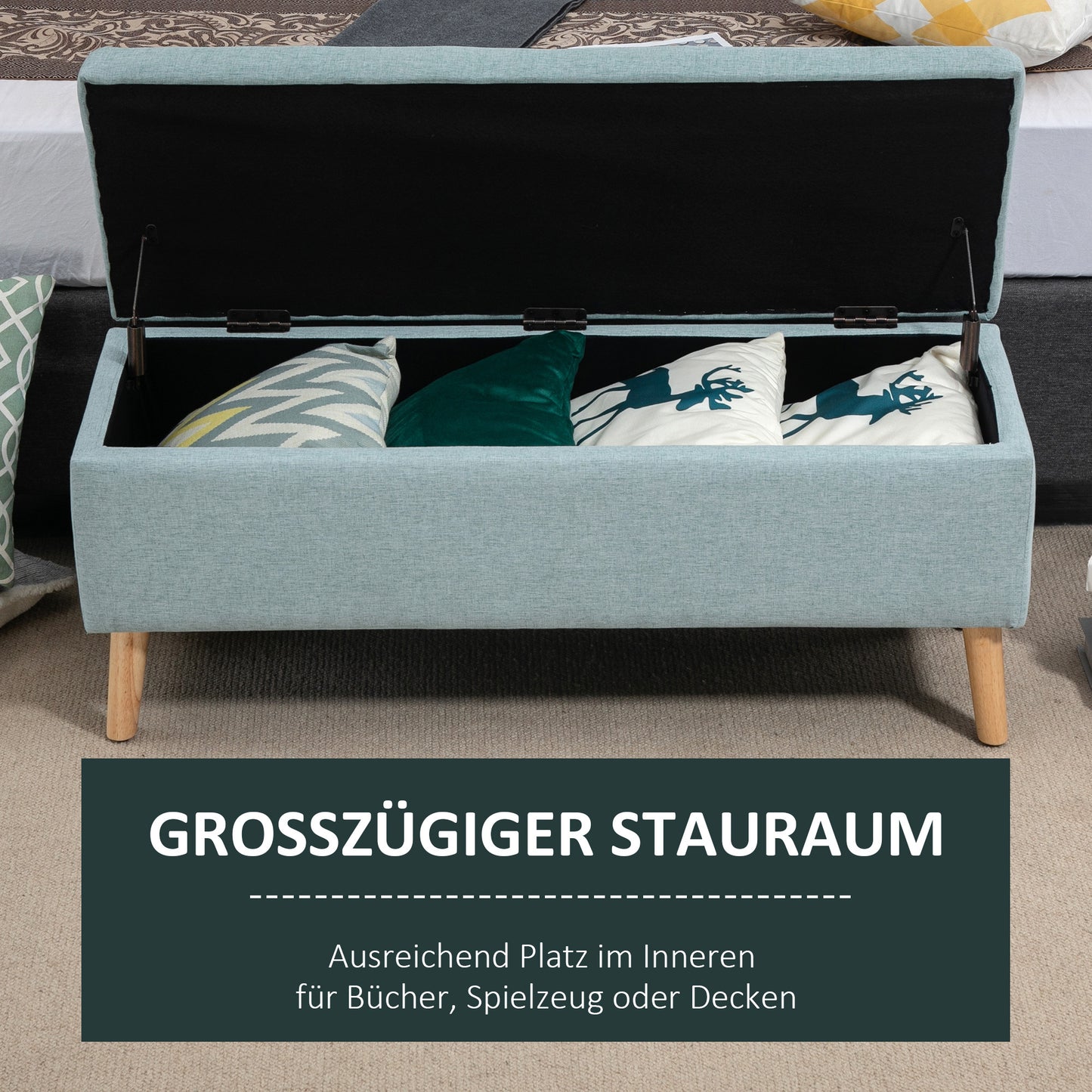 Opbergbank – Opbergbank – Bankje – Zitbank – Poef – Linnen-Look Kussen – Massief Houten Poten – 110x39x45 cm – Lichtgroen