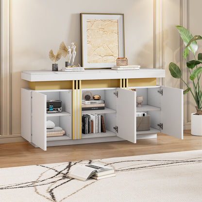 Modern White Sideboard/Display Cabinet | Three-Door Design with Adjustable Shelves, Suitable for Kitchens, Living Rooms, Dining Rooms, Hallways, Platinum Stitching, Spacious Handle-Less Compartments, Contemporary Style, Metal