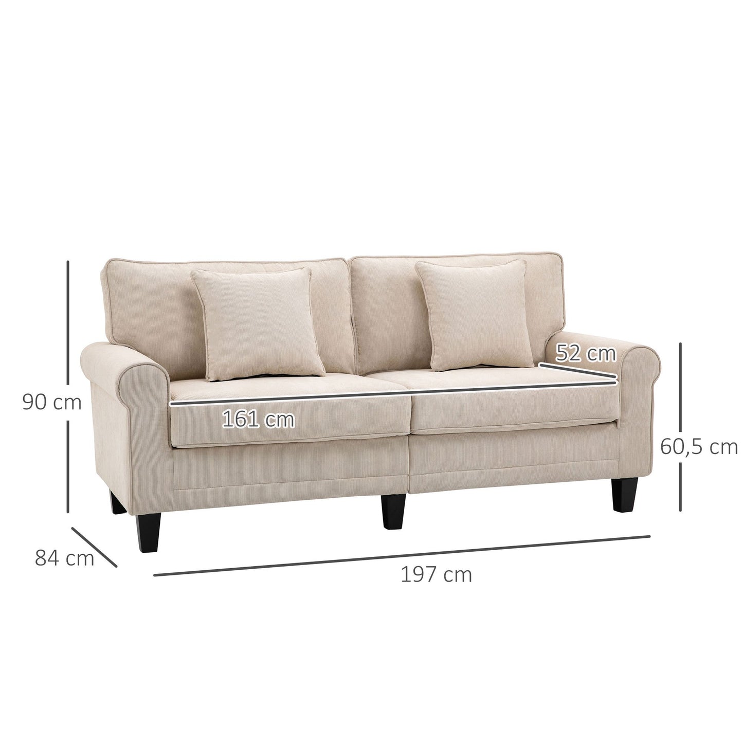 Bankstel – 3-zitsbank – Sofa – Slaapbank – Zithoek – Beige Ribfluweel – Hoogwaardig Zitcomfort 197 cm – Massief Dennehouten Poten – Inclusief 2 Sierkussens