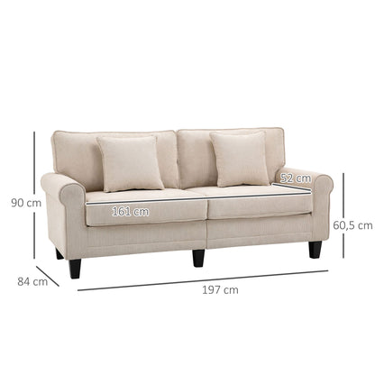 Bankstel – 3-zitsbank – Sofa – Slaapbank – Zithoek – Beige Ribfluweel – Hoogwaardig Zitcomfort 197 cm – Massief Dennehouten Poten – Inclusief 2 Sierkussens