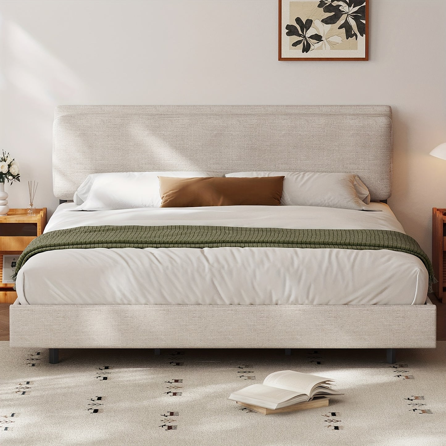 Bedframe – Bedbodem – Ledikant – Tweepersoonsbed – Slaapbank – 180x200 cm – Houtlook Met Metalen Poten – Geen Boxspring Nodig – Eenvoudige Montage – Beige Grijs
