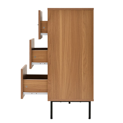 Sideboard – Dressoir – Buffetkast – Opbergkast – Kast – Modern – Houtlook Met Rattan – 140x37x91 cm – 3 Laden Met Verstelbare Planken