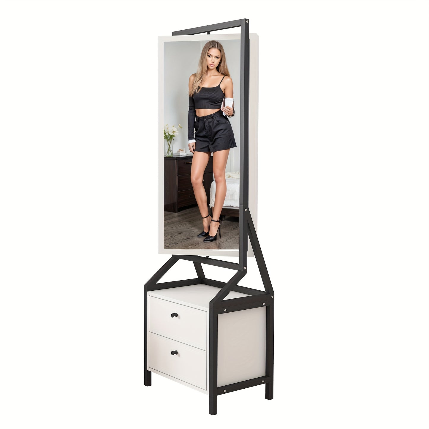 Makeupspiegelkast – Sieradenkast – Make-upkast – Kaptafel – Spiegelkast – 360° Draaibaar – Wit Hout – 2 Lade Opbergruimte