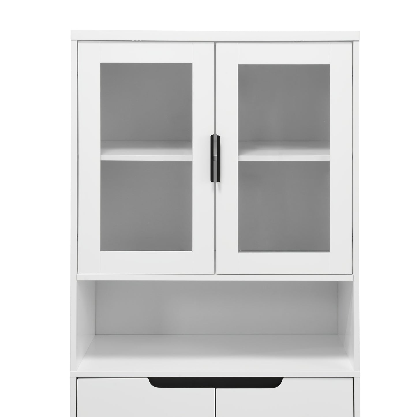 Modern White 4-Door Bookcase with Tempered Glass Doors & Adjustable Shelves - Heavy-Duty Metal Frame & MDF-Free Lacquered Cabinet, Freestanding Storage Shelf for Living Room, Bedroom - Easy Assembly, & Pet- Glass Panels