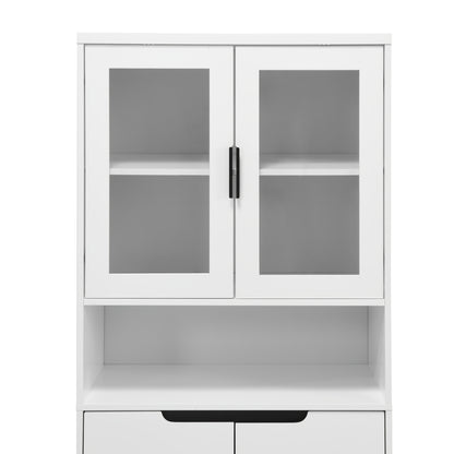 Modern White 4-Door Bookcase with Tempered Glass Doors & Adjustable Shelves - Heavy-Duty Metal Frame & MDF-Free Lacquered Cabinet, Freestanding Storage Shelf for Living Room, Bedroom - Easy Assembly, & Pet- Glass Panels