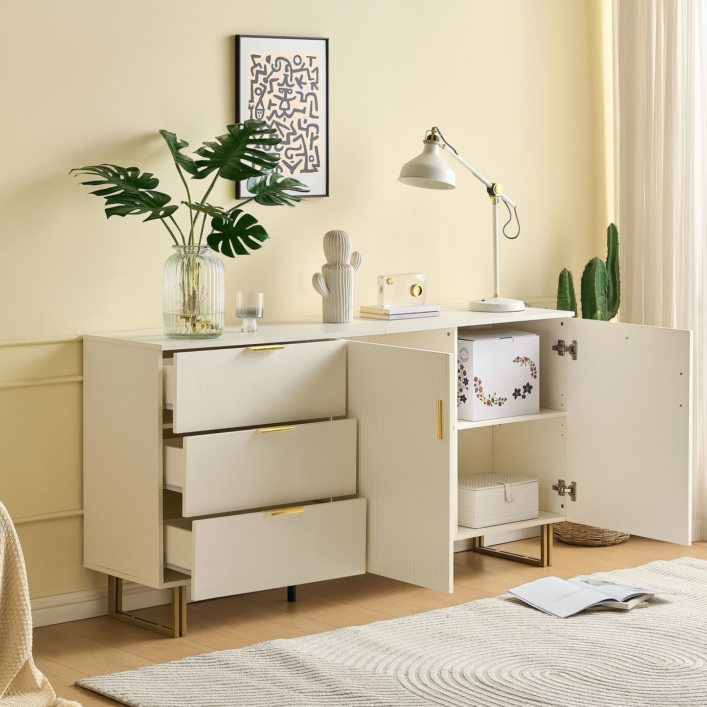 BTM Sideboard White Modern with 3 Drawers And 2 Doors, Dresser with Golden Handles And Stable Metal Legs, Storage Cabinet Made offor Living Room Dining Room, 160×40×81.5 Cm