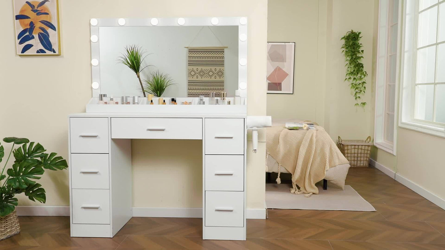 Make-uptafel – Make-uptafel – Visagietafel – Schoonheidstafel – Make-uptafel wit – Verlichte spiegel met 12 LED – Ingebouwd stopcontact en 7 lades