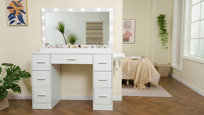Make-uptafel – Make-uptafel – Visagietafel – Schoonheidstafel – Make-uptafel wit – Verlichte spiegel met 12 LED – Ingebouwd stopcontact en 7 lades