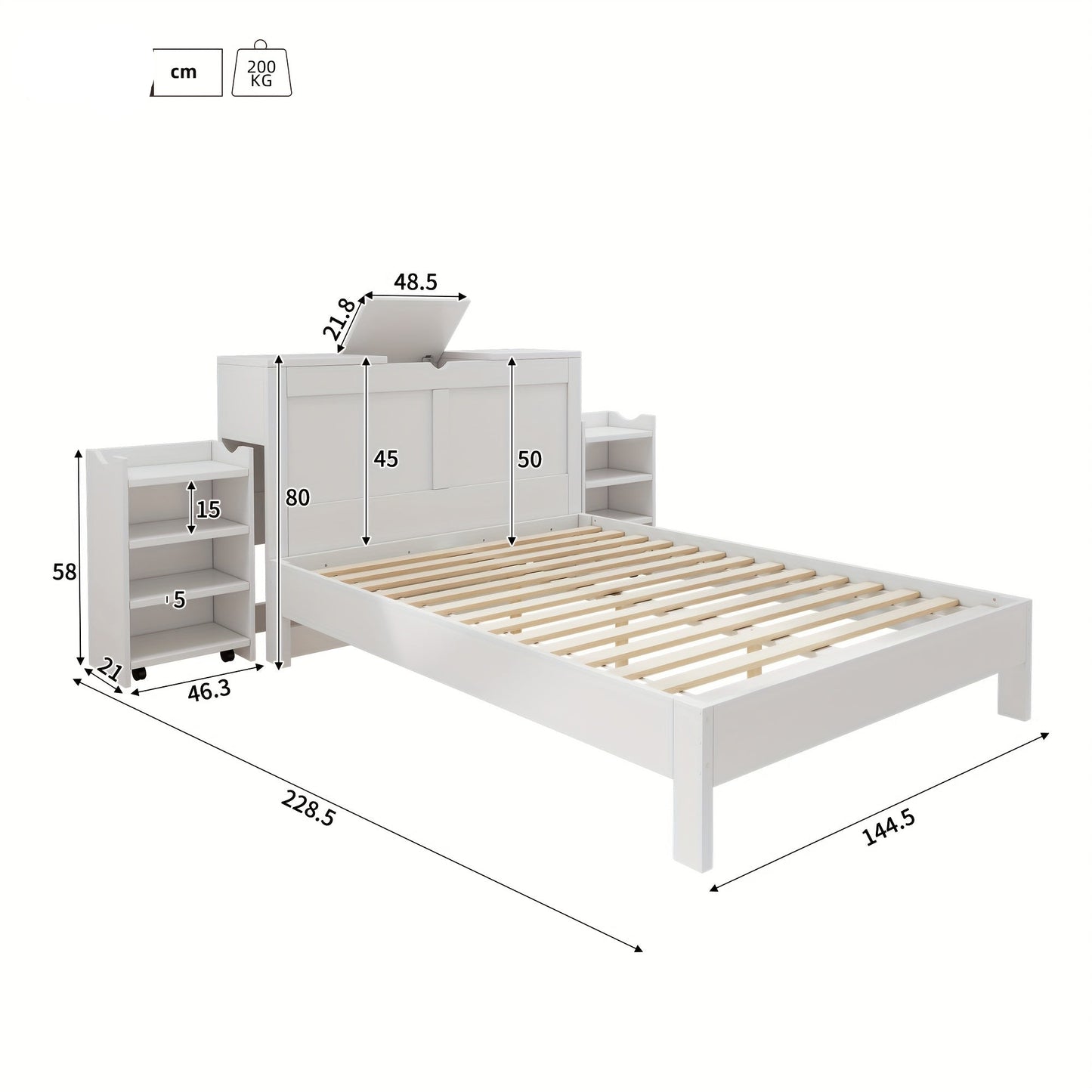 Bedframe – Tweepersoonsbed – Slaapbank – Kinderbed – Meubel – Wit – Bamboe Materiaal – Hoofdeinde Met Opbergruimte