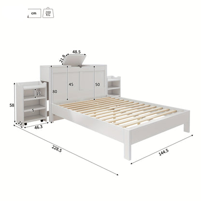 Bedframe – Tweepersoonsbed – Slaapbank – Kinderbed – Meubel – Wit – Bamboe Materiaal – Hoofdeinde Met Opbergruimte