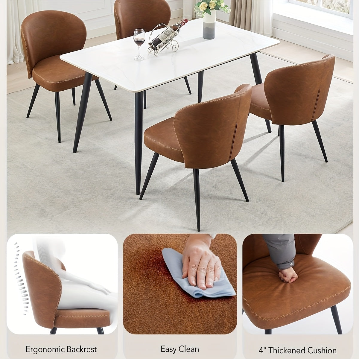 Eetkamerstoelen – Stoelen – Kuipstoelen – Keukenstoelen – Zwarte metalen poten – Kunstleer – Ergonomisch – Foamzitting – Set van 2 – Bruin