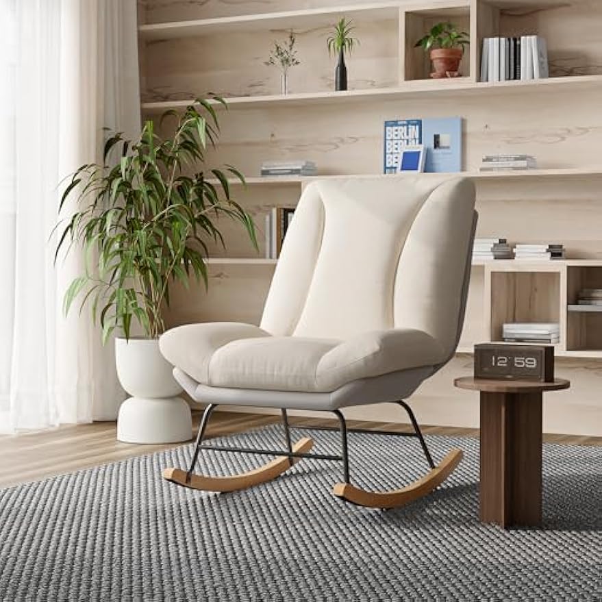 Schommelstoel – Schommelstoel Met Kussen – Relaxstoel – Schommelstoel Voor Binnen – Balkonstoel – Verstelbare Rugleuning – Zacht Comfortabel Kussen – Beige Grijs