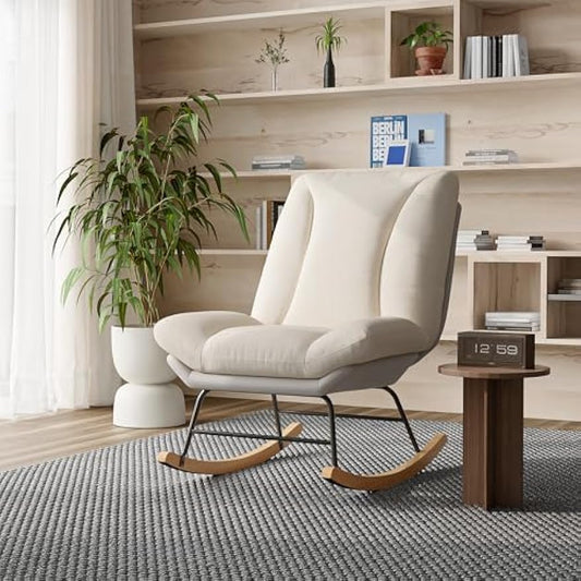 Schommelstoel – Schommelstoel Met Kussen – Relaxstoel – Schommelstoel Voor Binnen – Balkonstoel – Verstelbare Rugleuning – Zacht Comfortabel Kussen – Beige Grijs
