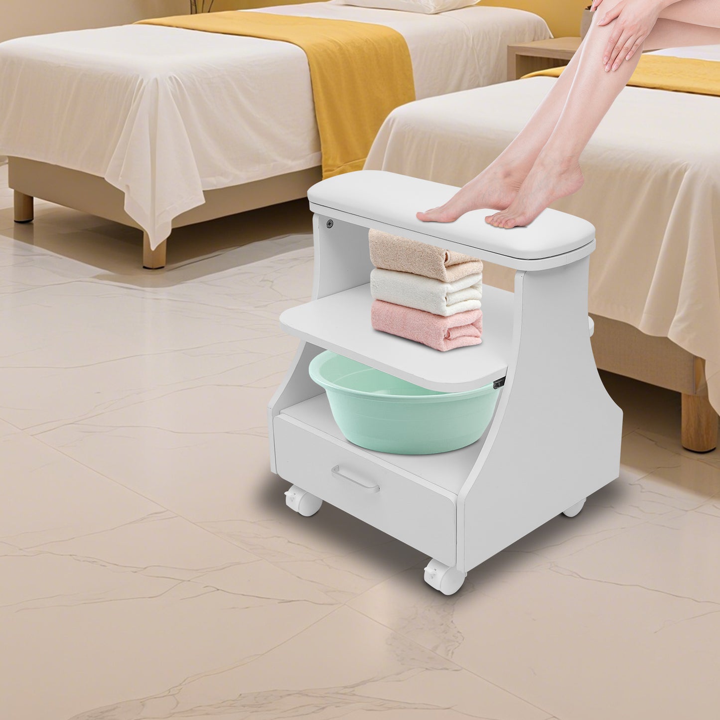 Pedicurekruk – Voetbadkruk – Pedicurestoel – Salonkruk – Spa Kruk – Robuuste Constructie – Breed Zittingoppervlak – Gemakkelijk Schoon Te Maken – Wit Modern Design