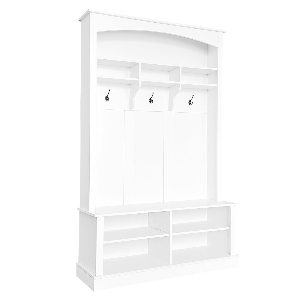 Halbankje – Halmeubel – Schoenenbank – Opbergbankje – Gangbank – Multifunctionele Opbergruimte – 3 Haakjes – Wit – H190 x B120 x D40 cm