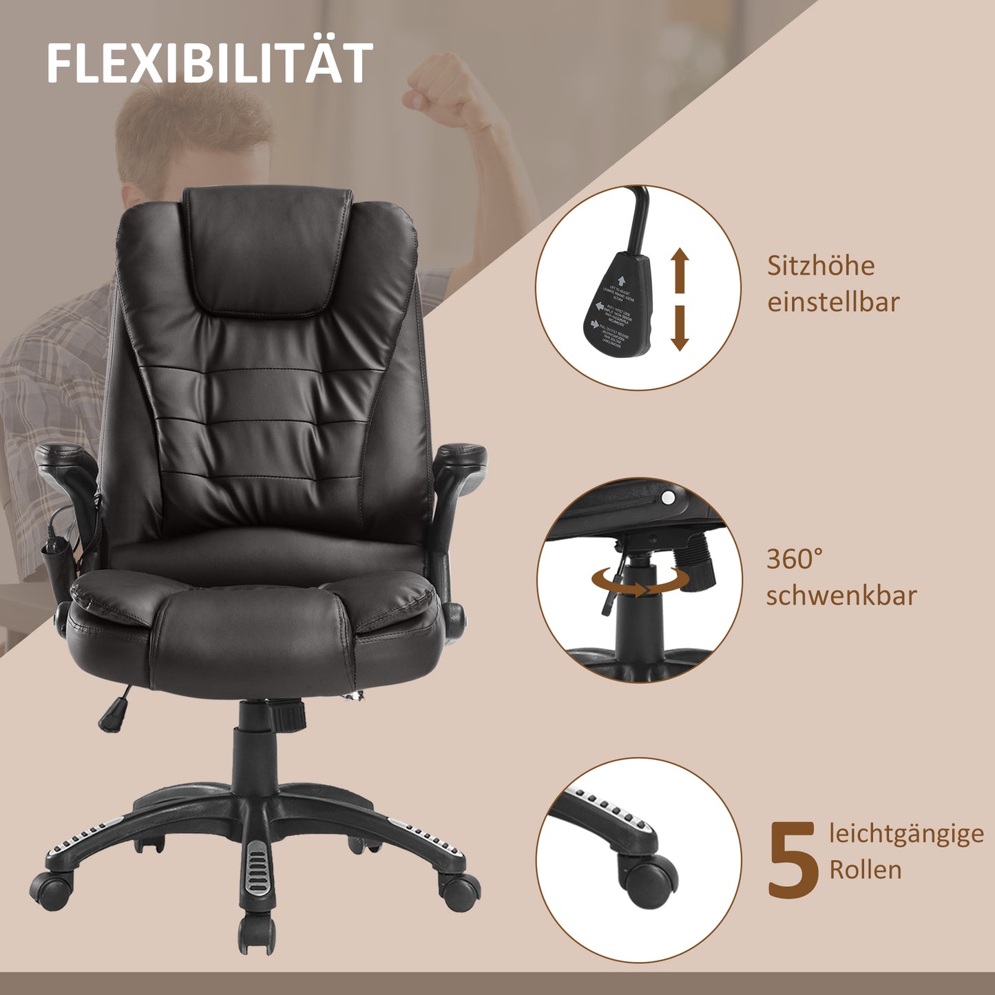 Ergonomische Bureaustoel – Bureaustoel Met Massage – Draaistoel – Bureaustoel Met Verwarming – Kantoorstoel – Hoogte Verstelbaar – Bruin Kunstleer