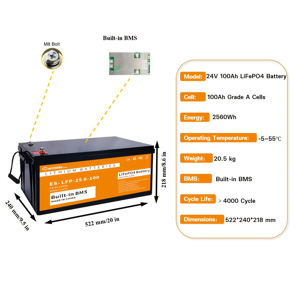 Li-ion Accu – Lithium batterij – Oplaadbare accu – LiFePO4 batterij – 24V 100Ah batterij – Hoge capaciteit 2560Wh – Ingebouwde veiligheids BMS