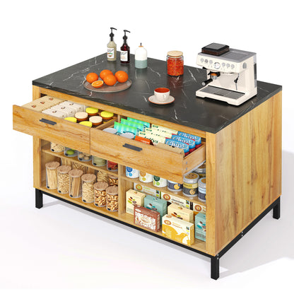 Keukenwagen – Keukentrolley – Keukenmeubel – Keukenkar – Eikenhoutdecor – Zwart Marmeren Werkblad – 120x75x90 cm – Met 2 Lades En 4 Open Planken