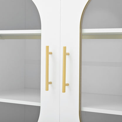 Dressoir – Sideboard – Opbergkast – Dressoirkast – Meubel – Wit Met Gouden Accenten – Glazen Deuren – 140x38x90 cm – Soft-Close Lades – Kabelbeheer