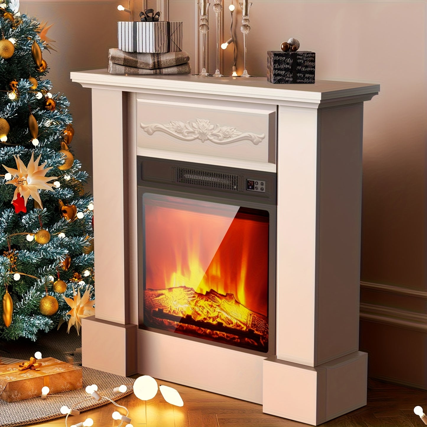 Elektrische Haard – Elektrische Open Haard – Sfeerverwarming – Haardmeubel – TV Meubel – Realistisch Vlameffect – 2000W Verwarming – Wit MDF Met Metaal