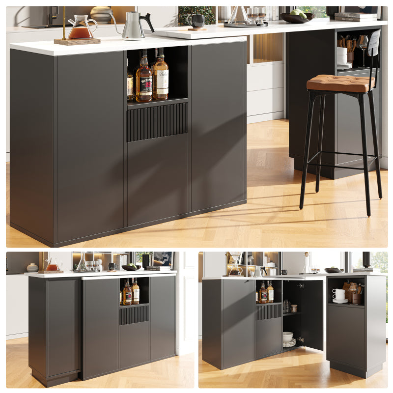 Bartafel – Barkruk Tafel – Keukentafel – Barmeubel – Zwart MDF Design – 360° Draaibaar – 210x30x100,9 cm – Marmerlook Werkblad – Ruime Opbergruimte