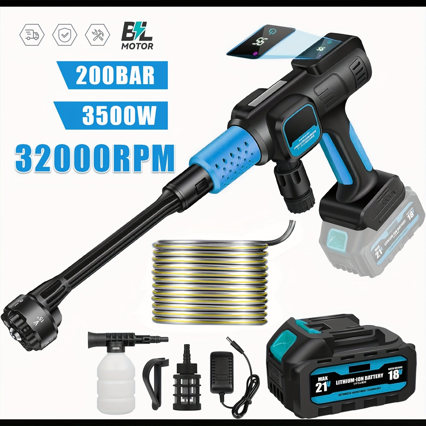 Hogedrukreiniger – Hogedrukspuit – Accu Hogedrukreiniger – Draadloze Hogedrukreiniger – 6-in-1 Multifunctionele Sproeikop – 3500W Brushless Motor – 200 Bar Krachtige Waterdruk