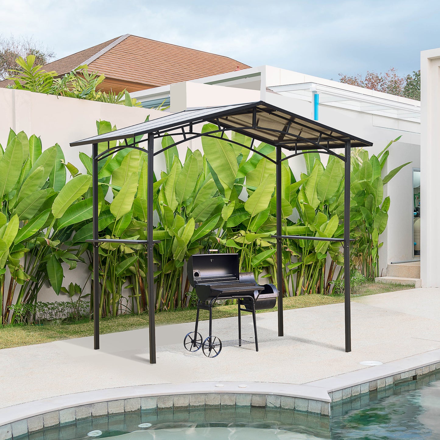 Barbecue Paviljoen – Tuinpaviljoen – BBQ Overkapping – Barbecue Schuilhut – Buitenverblijf – Aluminium en Metaal – Dubbel Polycarbonaat Dak – 2,5x1,5 Meter – Zwart